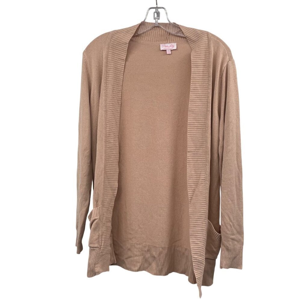 Pink Lily Womens Open Cardigan Long Sleeve Tan Size Large Pockets
